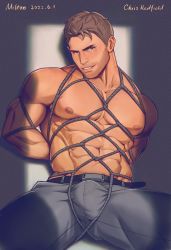 Rule 34 | 1boy, abs, arms behind back, artist name, bara, bdsm, belt, black belt, bondage, bound, bound arms, character name, chris redfield, crotch rope, dated, facial hair, grey pants, highres, large pectorals, looking at viewer, male focus, miltonzheng, muscular, muscular male, navel, nipples, pants, pectorals, resident evil, resident evil 5, restrained, rope, shibari, short hair, smile, solo, teeth, topless male