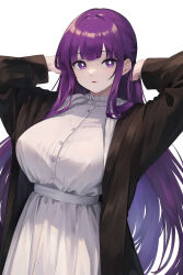 Rule 34 | 1girl, absurdres, arthatros, black robe, breasts, bright pupils, commentary, fern (sousou no frieren), frilled shirt collar, frills, hand in own hair, hands up, highres, large breasts, long hair, long sleeves, open clothes, open robe, parted lips, purple eyes, purple hair, robe, simple background, solo, sousou no frieren, very long hair, white background