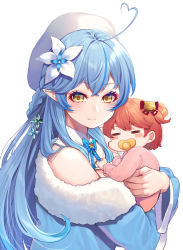 Rule 34 | 2girls, aged down, ahoge, baby, baby carry, blue coat, blue hair, blush, braid, carrying, closed mouth, coat, elf, eyelashes, flower, french braid, fur-trimmed coat, fur trim, hair between eyes, hair flower, hair ornament, half updo, heart, heart ahoge, highres, hololive, long hair, looking at viewer, mikan (chipstar182), multiple girls, off-shoulder coat, off shoulder, parted hair, pointy ears, sakura miko, sakura miko (1st costume), simple background, smile, solo focus, upper body, virtual youtuber, white background, yellow eyes, yukihana lamy