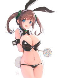 Rule 34 | 1girl, animal ears, arms behind back, blue eyes, breasts, brown hair, character request, cleavage, commentary request, fake animal ears, fang, groin, large breasts, leotard, looking at viewer, minori (senran kagura), navel, open mouth, playboy bunny, rabbit ears, rabbit tail, senran kagura, senran kagura estival versus, senran kagura shinovi versus, short hair, simple background, solo, tail, twintails, white background, yaegashi nan