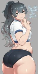 Rule 34 | 1girl, 2021, agawa ryou, artist name, ass, black hair, breasts, commentary, dated, english commentary, from behind, grey background, gym uniform, long hair, looking at viewer, looking back, medium breasts, original, plump, signature, simple background, smile, smirk, solo, thick thighs, thighs