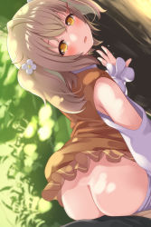 Rule 34 | 1boy, 1girl, animare, ass, blush, brown hair, clothed sex, detached sleeves, erection, flower, hair flower, hair ornament, hairclip, hetero, highres, inaba haneru (animare), looking at viewer, nanashi inc., open mouth, outdoors, penis, penis on ass, pov, sex, shirai momota, shirt, skirt, sleeveless, sleeveless shirt, solo focus, tears, twintails, virtual youtuber, yellow eyes