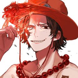 Rule 34 | 1boy, black hair, fire, freckles, hat, highres, index finger raised, looking at viewer, male focus, one piece, portgas d. ace, short hair, smile, solo, upper body, yadu nadu