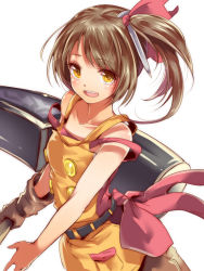 Rule 34 | 1girl, apron, bare shoulders, bow, brown eyes, brown hair, gloves, hammer, hammer (ole tower), mataichi mataro, nail, ole tower, pink bow, short hair, side ponytail, solo