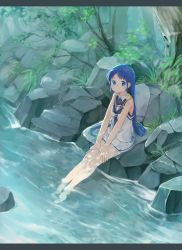 Rule 34 | 10s, 1girl, bare arms, blue eyes, blue hair, blush, eyebrows, forest, full body, hands on legs, hands on own thighs, jewelry, kantai collection, letterboxed, long hair, looking at viewer, matching hair/eyes, nature, neckerchief, no gloves, oge (ogeogeoge), outdoors, ring, river, rock, samidare (kancolle), school uniform, serafuku, sitting, skirt, sleeveless, smile, soaking feet, solo, tree, very long hair, wedding band, white skirt