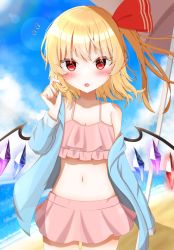 Rule 34 | 1girl, :o, bare shoulders, beach, bikini, blonde hair, blue sky, blush, cloud, cloudy sky, day, fang, flandre scarlet, flat chest, frilled bikini, frills, hair ribbon, hand up, highres, holding, holding own hair, kaede (kaede fs495), lens flare, looking at viewer, medium hair, nail polish, navel, ocean, outdoors, parasol, parted lips, pink bikini, red eyes, red nails, red ribbon, ribbon, sand, shadow, sky, solo, sparkling eyes, standing, swimsuit, touhou, umbrella, wings