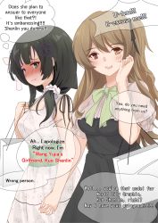 Rule 34 | 2girls, :d, absurdres, arm at side, assault lily, bag, bare arms, black dress, black hair, black ribbon, blunt bangs, blush, bow, bowtie, breasts, brown hair, closed mouth, commentary, dress, embarrassed, english commentary, english text, floral print, flower, flower knot, frilled sleeves, frills, full-face blush, green bow, green bowtie, green eyes, hair flower, hair ornament, hair over shoulder, hair ribbon, hair scrunchie, hand on own chest, hand up, heterochromia, highres, holding, holding bag, holding hands, interlocked fingers, jewelry, kuo shenlin, long hair, looking at viewer, looking away, low ponytail, medium breasts, multiple girls, one side up, open mouth, parted lips, print dress, raised eyebrows, red eyes, ribbon, ring, scrunchie, shopping bag, short sleeves, side-by-side, side ponytail, simple background, sleeveless, sleeveless dress, smile, speech bubble, standing, teeth, teru (teru3sei), thought bubble, typo, upper teeth only, wang yujia, wavy hair, wavy mouth, white background, white bag, white dress, white flower, white scrunchie, yellow eyes, yuri