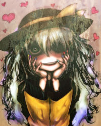 Rule 34 | 1girl, bad id, bad pixiv id, cong1991, creepy, female focus, fingernails, green eyes, green hair, hair over one eye, hands on own face, hat, head rest, heart, highres, horror (theme), komeiji koishi, matching hair/eyes, multicolored nails, nail polish, solo, symbol-shaped pupils, touhou, yandere trance