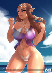 Rule 34 | 1girl, bikini, blue eyes, blue sky, breasts, brown hair, cameltoe, chain, chain, cleavage, cloud, cloudy sky, commentary, curvy, day, ear piercing, english commentary, eyeliner, eyeshadow, forehead jewel, gluteal fold, gold chain, grand-sage, hair ribbon, highres, large breasts, lips, long hair, makeup, micro bikini, mole, nail polish, navel, nintendo, nose, ocean, off shoulder, piercing, pointy ears, princess zelda, ribbon, see-through, sidelocks, sky, smile, solo, spaghetti strap, swimsuit, the legend of zelda, the legend of zelda: twilight princess, thick eyebrows, thick thighs, thighs, tiara, triforce, wading, white bikini