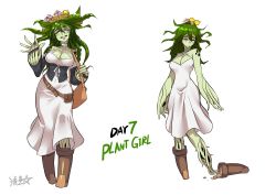 Rule 34 | 1girl, bag, belt, breasts, brown footwear, carrying over shoulder, cleavage, colored skin, commentary, detached sleeves, dress, english commentary, english text, closed eyes, flower pot, green skin, halterneck, hand up, handbag, hat, highres, large breasts, leaf, mandragora, monster girl, multiple views, original, plant girl, pouch, ryuusei (mark ii), simple background, single tear, soil, straw hat, white background, white dress