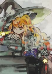 Rule 34 | 1girl, :/, absurdres, black hat, blonde hair, book, book stack, bow, closed mouth, commentary, flask, hat, hat bow, highres, kirisame marisa, leaning forward, long hair, looking down, nunrb, own hands together, solo, star (symbol), tassel, touhou, upper body, wavy hair, white bow, yellow eyes