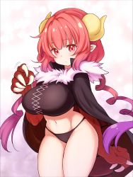 Rule 34 | 1girl, bare legs, blush, breasts, cape, claws, curvy, dragon claw, dragon girl, dragon horns, dragon tail, groin, highres, horns, huge breasts, ilulu (maidragon), kobayashi-san chi no maidragon, large breasts, long hair, low twintails, motion lines, navel, pointy ears, red eyes, red hair, slit pupils, solo, tail, tatsuhiko, thick thighs, thighs, twintails