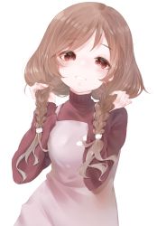 Rule 34 | 1girl, blush, braid, cloud hair ornament, dress, gradient hair, highres, kanae (inorin05kanae), kantai collection, light brown hair, long hair, looking at viewer, minegumo (kancolle), multicolored hair, red eyes, red sweater, simple background, smile, solo, sweater, twin braids, white background