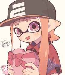 Rule 34 | 1girl, bad id, bad twitter id, baseball cap, bird, black hat, blunt bangs, blush stickers, box, collared shirt, commentary, flamingo, gift, gomi (kaiwaresan44), hat, head tilt, heart-shaped box, holding, holding gift, inkling, inkling girl, inkling player character, logo, long hair, looking at viewer, nintendo, open mouth, pink eyes, pink hair, pointy ears, protected link, red shirt, shirt, short sleeves, smile, solo, splatoon (series), splatoon 1, translated, valentine, white background