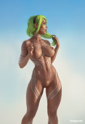 Rule 34 | 1girl, absurdres, artist name, black hairband, blue background, bodypaint, borrowed character, braid, breasts, collarbone, commentary, commission, completely nude, dark-skinned female, dark skin, english commentary, fivegarret, gradient background, green eyes, green hair, hairband, highres, holding, holding hair, large breasts, long hair, looking away, looking to the side, navel, nipples, nude, open mouth, original, pussy, realistic, saiya the viridian shade (ashiavain), simple background, solo