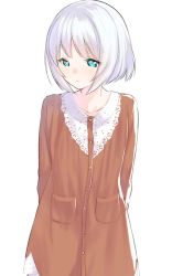 Rule 34 | 1girl, amano tsurara, arms behind back, blue eyes, brown dress, closed mouth, collarbone, collared dress, commentary request, dress, highres, long sleeves, looking at viewer, original, short hair, silver hair, simple background, solo, thick eyebrows, white background, yuki arare