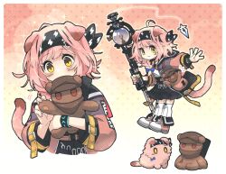 Rule 34 | 1girl, animal, animal ears, animalization, arknights, black hairband, black skirt, blue bow, blush stickers, bow, braid, cat, cat ears, cat girl, cat tail, character doll, closed mouth, commentary request, frilled skirt, frills, garter straps, goldenglow (arknights), hair bow, hair over shoulder, hairband, highres, holding, holding stuffed toy, jacket, lightning bolt print, long hair, long sleeves, morini ochiteru, multiple views, open clothes, open jacket, outstretched arm, over-kneehighs, pink footwear, pink jacket, print hairband, puffy long sleeves, puffy sleeves, red (npc) (arknights), red eyes, shirt, shoes, single braid, skirt, smile, stuffed animal, stuffed toy, tail, teddy bear, thighhighs, white shirt, white thighhighs, yellow eyes