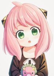 Rule 34 | 1girl, ahoge, anya (spy x family), blush, child, director chimera (spy x family), doll, dress, green eyes, hair between eyes, hairpods, highres, hm89509321, long sleeves, open mouth, pink hair, short hair, solo, spy x family, stuffed toy, teeth, upper teeth only