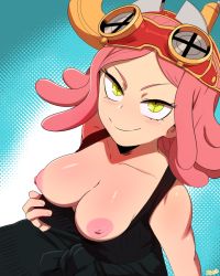 Rule 34 | 1girl, bare shoulders, black shirt, blush, boku no hero academia, breasts, breasts out, clothes pull, collarbone, goggles, goggles on head, hatsume mei, highres, large breasts, looking at viewer, medium hair, nipples, no bra, pink hair, pulled by self, shirt, shirt pull, smile, solo, symbol-shaped pupils, tank top, thehumancopier, yellow eyes