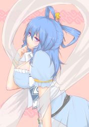 Rule 34 | 1girl, arched back, belt, blue dress, blue eyes, blue hair, blush, bracelet, breasts, cleavage, cube85, dress, eyes visible through hair, flower, hagoromo, hair ornament, hair stick, hand up, hands up, highres, jewelry, kaku seiga, large breasts, leaning forward, lips, long hair, looking at viewer, looking to the side, matching hair/eyes, open clothes, open mouth, open vest, profile, see-through, shawl, short sleeves, slit pupils, solo, taut clothes, taut dress, touhou, vest