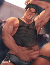 Rule 34 | 2boys, akitaru oubi, anal, arkapami, ass, bara, bare pectorals, black tank top, boxers removed, clothed sex, covered abs, cropped legs, en&#039;en no shouboutai, erection, facial hair, grey boxers, grey male underwear, highres, jockstrap, just the tip, large pectorals, male focus, male masturbation, male penetrated, male pubic hair, male underwear, male underwear pull, masturbation, multiple boys, muscular, nipple slip, nipples, pectorals, penis, pubic hair, sex, short hair, sideburns, stubble, sweat, tank top, thick thighs, thighs, underwear, yaoi