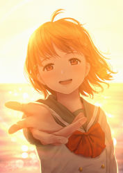 Rule 34 | 10s, 1girl, ahoge, backlighting, bad id, bad pixiv id, bow, bowtie, highres, horizon, lens flare, looking at viewer, love live!, love live! sunshine!!, ocean, open mouth, orange hair, outstretched hand, papi (papiron100), reaching, reaching towards viewer, red eyes, school uniform, serafuku, short hair, signature, smile, solo, sunlight, sunset, takami chika, upper body, uranohoshi school uniform