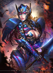 Rule 34 | 1girl, armor, blue eyes, breasts, cleavage, cleavage cutout, clothing cutout, convoy, cowboy shot, explosion, genderswap, genderswap (mtf), highres, large breasts, mecha musume, neoartcore, optimus prime, personification, scratches, smoke, solo, sparks, sword, transformers, transformers (live action), watermark, weapon, web address