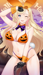 Rule 34 | 1girl, absurdres, animal ears, arm support, arm up, bikini, black gloves, blonde hair, bow, bowtie, breasts, cleavage, cleft of venus, closed mouth, collar, commentary, couch, detached collar, fake animal ears, fake tail, gloves, halloween, halloween costume, halterneck, hataraki kuma, highres, indonesian high school uniform, jack-o&#039;-lantern print, large breasts, leotard, long hair, looking at viewer, navel, on couch, one eye closed, open mouth, orange bikini, orange collar, original, playboy bunny, print bikini, purple bow, purple bowtie, rabbit ears, rabbit tail, school uniform, sitting, smile, solo, string bikini, swimsuit, tail, text background, wing collar, wrist cuffs