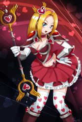 Rule 34 | 1girl, alternate costume, armor, blonde hair, blue eyes, boots, breasts, bubble skirt, choker, cleavage, elbow gloves, elbow pads, gloves, hairband, hand on own hip, heart, heart background, heart print, heartseeker, league of legends, leaning forward, long hair, lux (league of legends), magical girl, medium breasts, midriff, navel, neo-tk.., over-kneehighs, patterned legwear, pauldrons, print thighhighs, shoulder armor, skirt, solo, staff, star guardian (league of legends), star guardian lux, thighhighs, vambraces, white gloves, white thighhighs, zettai ryouiki