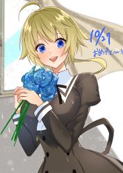 Rule 34 | 1girl, :d, ahoge, amano soraha, assault lily, bad id, bad twitter id, black ribbon, black skirt, blonde hair, blue eyes, blue flower, blue rose, blurry, blurry background, breasts, buttons, commentary, cropped jacket, curtains, dated, day, flower, hands up, happy birthday, high-waist skirt, highres, holding, holding flower, indoors, juliet sleeves, kikikaikai (kikikaikai chan), large breasts, lens flare, light particles, long hair, long sleeves, looking at viewer, low ponytail, neck ribbon, open mouth, ponytail, puffy sleeves, ribbon, rose, school uniform, shirt, skirt, smile, solo, standing, teeth, upper body, upper teeth only, white shirt, wind, yurigaoka girls academy school uniform