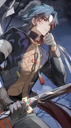 Rule 34 | 1boy, bandaged hand, bandages, black gloves, blade (honkai: star rail), chinese clothes, closed mouth, earrings, eucha, expressionless, gloves, grey pants, highres, holding, holding sword, holding weapon, honkai: star rail, honkai (series), jewelry, long hair, long sleeves, looking at viewer, male focus, night, outdoors, pants, parted bangs, red eyes, sword, upper body, weapon