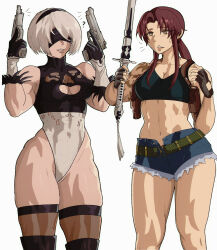Rule 34 | 2b (nier:automata), 2girls, abs, belt, black blindfold, black hairband, black lagoon, blindfold, boots, breasts, brown eyes, brown hair, cleavage, clothing cutout, covered eyes, crop top, crossover, curvy, denim, denim shorts, feather-trimmed gloves, feather trim, fingerless gloves, gloves, gun, hairband, handgun, highleg, highleg leotard, highres, holster, katana, leotard, medium breasts, midriff, mole, mole under mouth, multiple girls, navel, nier:automata, nier (series), ponytail, revy (black lagoon), shorts, shoulder holster, shoulder tattoo, sidelocks, smile, sword, tank top, tattoo, thick thighs, thighhighs, thighhighs under boots, thighs, thong leotard, tribal tattoo, weapon, weapon switch, white hair, white leotard, wide hips, yoracrab
