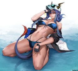 Rule 34 | 1girl, abs, arknights, arm up, artist name, bag, bare shoulders, baseball cap, bikini, black footwear, black gloves, black jacket, blue bikini, blue hair, breasts, ch&#039;en (arknights), ch&#039;en the holungday (arknights), ch&#039;en the holungday (elite ii) (arknights), cleavage, collarbone, fingerless gloves, gloves, hat, highres, horns, horns through headwear, jacket, kneeling, large breasts, leaning back, long hair, long sleeves, navel, nephlite, notice lines, official alternate hairstyle, open clothes, open jacket, parted lips, red eyes, shallow water, sidelocks, simple background, smile, solo, stomach, swimsuit, thighs, underboob, water, white background, white hat