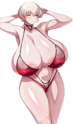 Rule 34 | 1girl, absurdres, areola slip, armpits, arms behind head, bikini, blush, breasts, cameltoe, choker, cleavage, collarbone, cowboy shot, curvy, earrings, gigantic breasts, grey hair, groin, highres, hoop earrings, huge areolae, huge breasts, jewelry, konoshige (ryuun), looking at viewer, multi-strapped bikini bottom, multi-strapped bikini top, navel, original, parted lips, pixie cut, ribbon choker, royal guard (konoshige), shiny skin, short hair, skindentation, solo, standing, swimsuit, thick thighs, thighs, white background, wide hips, yellow eyes