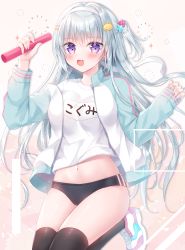 Rule 34 | 1girl, :d, bear hair ornament, black buruma, black thighhighs, blush, breasts, buruma, commentary request, fang, grey hair, gym shirt, gym uniform, hair ornament, hairband, hairclip, highres, holding, jacket, kohinata hoshimi, long hair, long sleeves, looking at viewer, medium breasts, name tag, navel, one side up, open clothes, open jacket, open mouth, original, purple eyes, relay baton, shirt, shoes, sleeves past wrists, smile, solo, star (symbol), star hair ornament, thighhighs, very long hair, white footwear, white hairband, white jacket, white shirt