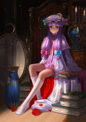 Rule 34 | 1girl, absurdres, bespectacled, book, candle, crescent, crescent moon, female focus, glasses, hat, highres, legs, library, long hair, mirror, moon, patchouli knowledge, purple eyes, purple hair, saber 01, sitting, socks, solo, touhou, vase, voile