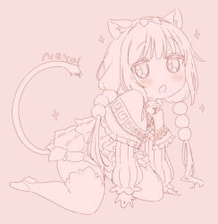 Rule 34 | 1girl, animal ear fluff, animal ears, bell, between legs, blush, bow, capelet, cat ears, cat girl, cat tail, commentary, dress, fang, full body, hair bow, hand between legs, jigatei (omijin), jingle bell, kanna kamui, kemonomimi mode, kobayashi-san chi no maidragon, long hair, long sleeves, monochrome, neck bell, no shoes, open mouth, puffy long sleeves, puffy sleeves, romaji text, sleeves past wrists, solo, stirrup legwear, tail, toeless legwear, translation request, very long hair