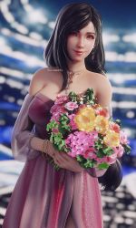 Rule 34 | 1girl, 3d, alternate costume, bare shoulders, black hair, blurry, blurry background, bracelet, breasts, closed mouth, detached sleeves, dress, earrings, final fantasy, final fantasy vii, final fantasy vii remake, flower, highres, holding, holding flower, jewelry, large breasts, lips, lipstick, long dress, long hair, looking at viewer, makeup, nail polish, neck, necklace, pink dress, red eyes, red lips, red nails, ria-neearts, smile, solo, square enix, standing, straight hair, strapless, strapless dress, tifa lockhart