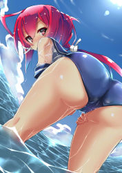 Rule 34 | 10s, 1girl, ass, blue sky, cloud, day, hair ribbon, highres, i-168 (kancolle), kantai collection, long hair, looking at viewer, looking back, ocean, one-piece swimsuit, ponytail, red eyes, red hair, ribbon, school swimsuit, school uniform, serafuku, sky, solo, sun, swimsuit, unomi, wading, wet, wet clothes, wet swimsuit