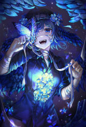 Rule 34 | 1girl, absurdres, ahoge, bandaged arm, bandaged neck, bandages, blue butterfly, blue eyes, blue flower, blue hair, blue nails, blue shirt, blue theme, blue wings, breasts, bug, butterfly, collared shirt, dress shirt, feathered wings, flower, head wings, highres, holding, insect, looking at animal, medium breasts, mirage (rairudiseu), nail polish, open mouth, original, paint on body, paint splatter, paint splatter on face, resolution mismatch, shirt, short hair, solo, source larger, standing, teeth, wings