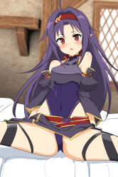 Rule 34 | 1girl, ahoge, armor, bare shoulders, bed, black leotard, breastplate, commentary request, commission, covered navel, detached sleeves, fingerless gloves, gloves, hairband, highres, leotard, long hair, looking at viewer, momio, pointy ears, purple armor, purple hair, purple skirt, red eyes, red hairband, shelf, skirt, solo, spread legs, sword art online, window, yuuki (sao)