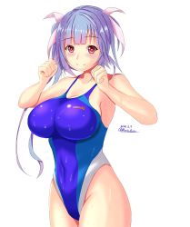 1girl, blue hair, blue swimsuit, breasts, collarbone, competition swimsuit, cowboy shot, hair ribbon, highleg, highleg swimsuit, highres, i-19 (kancolle), kantai collection, large breasts, long hair, looking at viewer, montemasa, one-piece swimsuit, red eyes, ribbon, simple background, solo, swimsuit, tri tails, twintails, white background