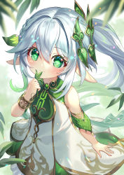 Rule 34 | 1girl, absurdres, asymmetrical hair, bare shoulders, blurry, blush, bracelet, braid, cape, closed mouth, cross-shaped pupils, depth of field, dress, eyelashes, floating hair, genshin impact, gold trim, gradient hair, green cape, green eyes, green hair, hair between eyes, hair intakes, hair ornament, hand up, highres, holding, jewelry, lalazyt, leaf, light particles, long hair, looking at viewer, multicolored hair, nahida (genshin impact), plant, pointy ears, ponytail, side ponytail, sidelocks, single braid, sleeveless, sleeveless dress, smile, solo, standing, symbol-shaped pupils, tareme, white dress, white hair