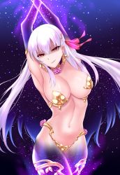 Rule 34 | 1girl, armor, armpits, arms up, bare shoulders, bikini armor, blush, breasts, crimecrime, earrings, fate/grand order, fate (series), flower, hair ribbon, highres, hip focus, jewelry, kama (fate), large breasts, long hair, looking at viewer, navel, parted lips, red eyes, revealing clothes, ribbon, silver hair, smile, solo, space, space hair, thighs