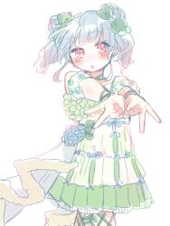 Rule 34 | 1girl, bare shoulders, blue flower, blue hair, blush, bow, cha ipride, double v, dress, feet out of frame, fishnet pantyhose, fishnets, floating hair, flower, gradient hair, green bow, green dress, green flower, hair bow, highres, hydrangea, hyodou shizuku, idoly pride, long bangs, multicolored hair, outstretched arms, own hands together, pantyhose, pink hair, red eyes, short hair, short twintails, sidelocks, sleeveless, sleeveless dress, solo, twintails, v