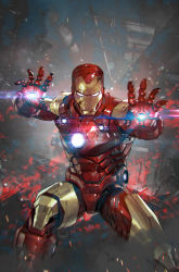 Rule 34 | 1boy, armor, comic cover, commentary, cover image, damaged, english commentary, falling, glowing hands, highres, iron man, kael ngu, looking at viewer, male focus, marvel, open hands, power armor, realistic, science fiction, solo, white eyes