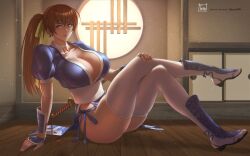 Rule 34 | 1girl, absurdres, ass, breasts, brown eyes, brown hair, cleavage, dead or alive, hair ribbon, highres, huge breasts, kasumi (doa), lips, long hair, looking at viewer, ninja, pelvic curtain, ponytail, ribbon, short sleeves, sitting, solo, sword, tecmo, thick thighs, thighhighs, thighs, tomo eokaiteru, weapon, window, wooden floor