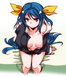 Rule 34 | 1girl, arc system works, bed, blue hair, breasts, dizzy (guilty gear), from above, guilty gear, hair ribbon, long hair, long sleeves, off shoulder, open clothes, open shirt, red eyes, ribbon, ryuuri (aoithigo), shirt, sitting, smile, solo, twintails