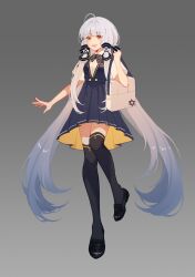 Rule 34 | 1girl, 280548709, absurdres, ahoge, bag, black dress, black footwear, black skirt, black thighhighs, bow, bowtie, breasts, collared shirt, dress, floating, gradient background, gradient hair, grey background, hand up, hexagram, highres, loafers, long hair, looking at viewer, multicolored hair, open mouth, pleated skirt, school bag, school uniform, shirt, shoes, short sleeves, sidelocks, skirt, small breasts, solo, star (symbol), star of david, striped bow, striped bowtie, striped clothes, thighhighs, twintails, two-tone skirt, vocaloid, vsinger, white shirt, xingchen, yellow eyes, yellow skirt
