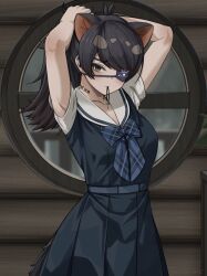 Rule 34 | 1girl, arms up, australian devil (kemono friends), belt, black eyes, black hair, bow, bowtie, commentary request, cross hair ornament, deku suke, empty, extra ears, eyepatch, hair ornament, hair tie in mouth, highres, indoors, kemono friends, long hair, looking at viewer, mouth hold, one eye covered, plaid, plaid bow, plaid bowtie, pleated skirt, round window, sailor collar, short sleeves, skirt, solo, tail, tasmanian devil ears, tying hair, window, wooden wall